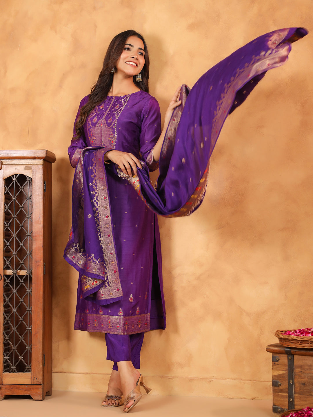 Purple Silk Blend Jacquard Straight Kurta Set