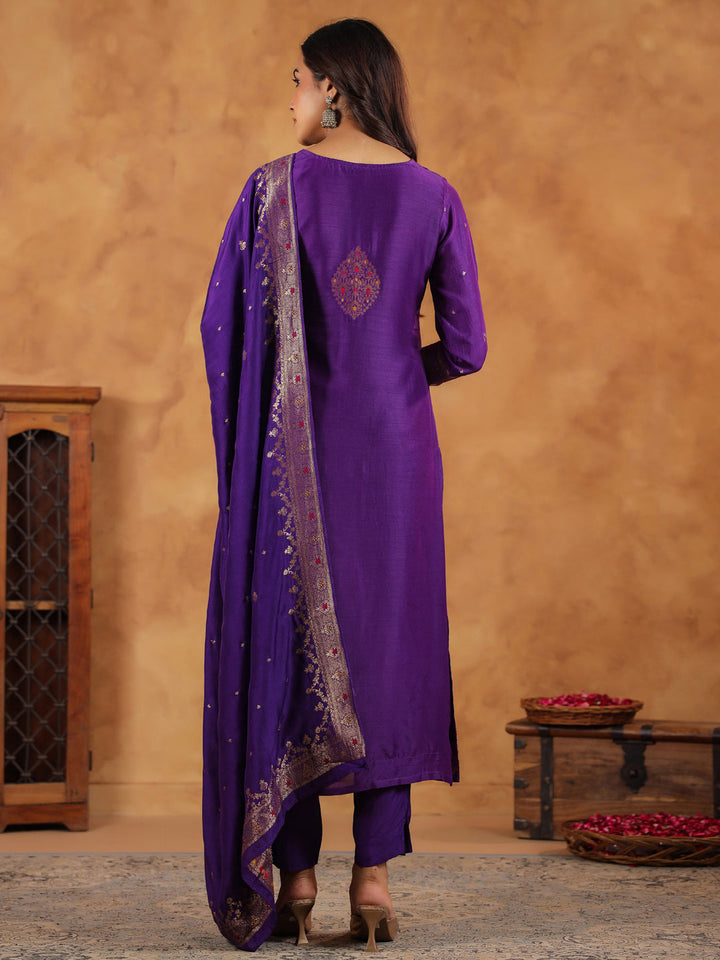 Purple Silk Blend Jacquard Straight Kurta Set