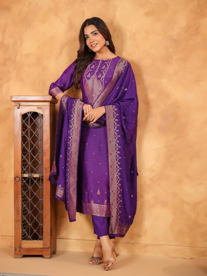 Purple Silk Blend Jacquard Straight Kurta Set