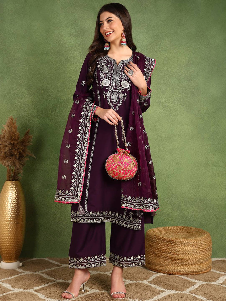 Purple-Silk-Blend-Yoke-Design-Zari-3-Piece-Kurta-Sets