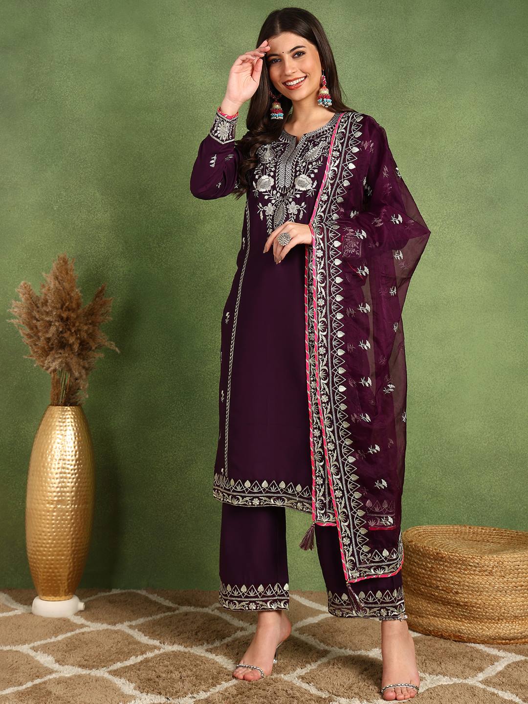 Purple-Silk-Blend-Yoke-Design-Zari-3-Piece-Kurta-Sets