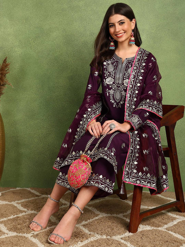 Purple-Silk-Blend-Yoke-Design-Zari-3-Piece-Kurta-Sets