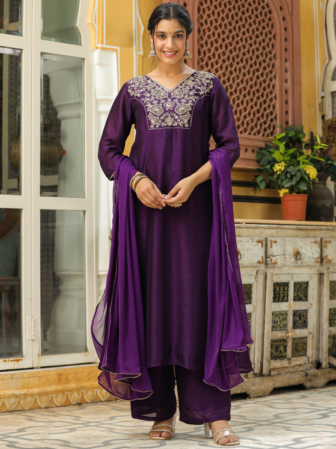 ZERESOUQ-Purple-Silk-Blend-Yoke-Embroidery-3-Piece-Kurta-Set