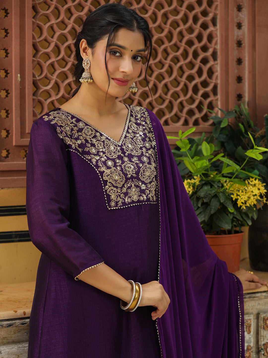 Purple-Silk-Blend-Yoke-Embroidery-3-Piece-Kurta-Set