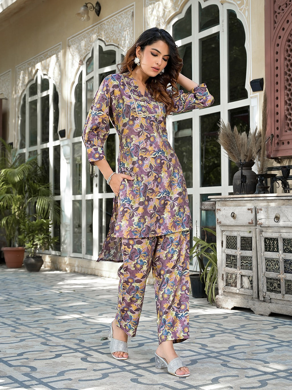 Purple-Silk-Blend-Floral-Printed-Co-Ord-Set