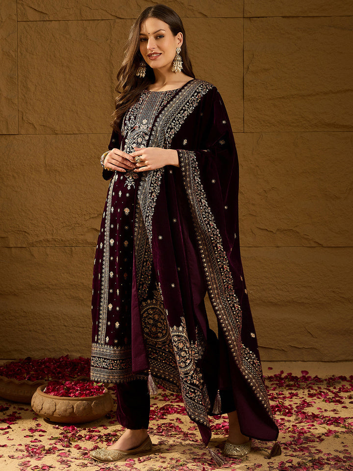 Purple Velvet Ethnic Motifs Printed Straight 3-Piece Suit Set