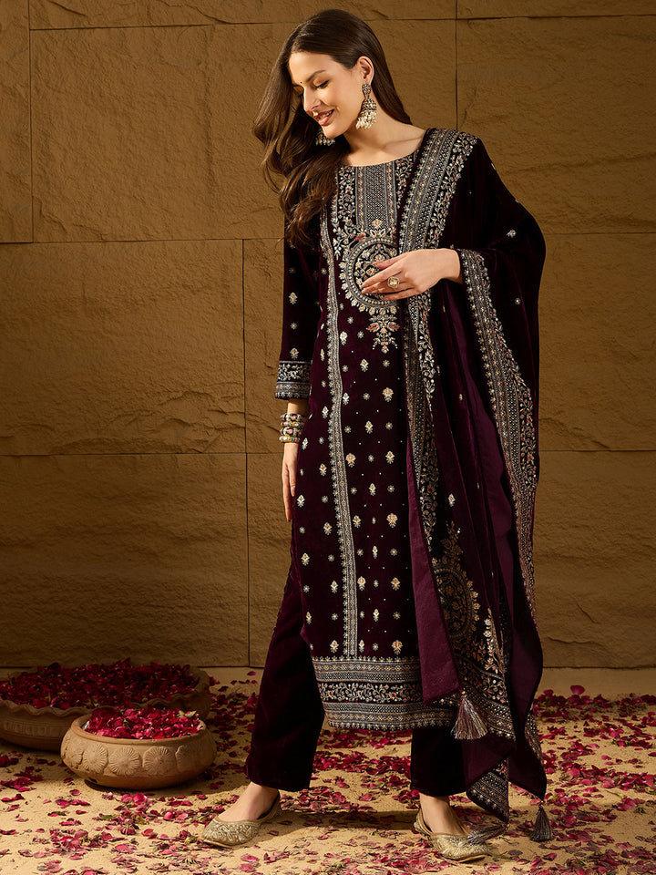 Purple Velvet Ethnic Motifs Printed Straight 3-Piece Suit Set