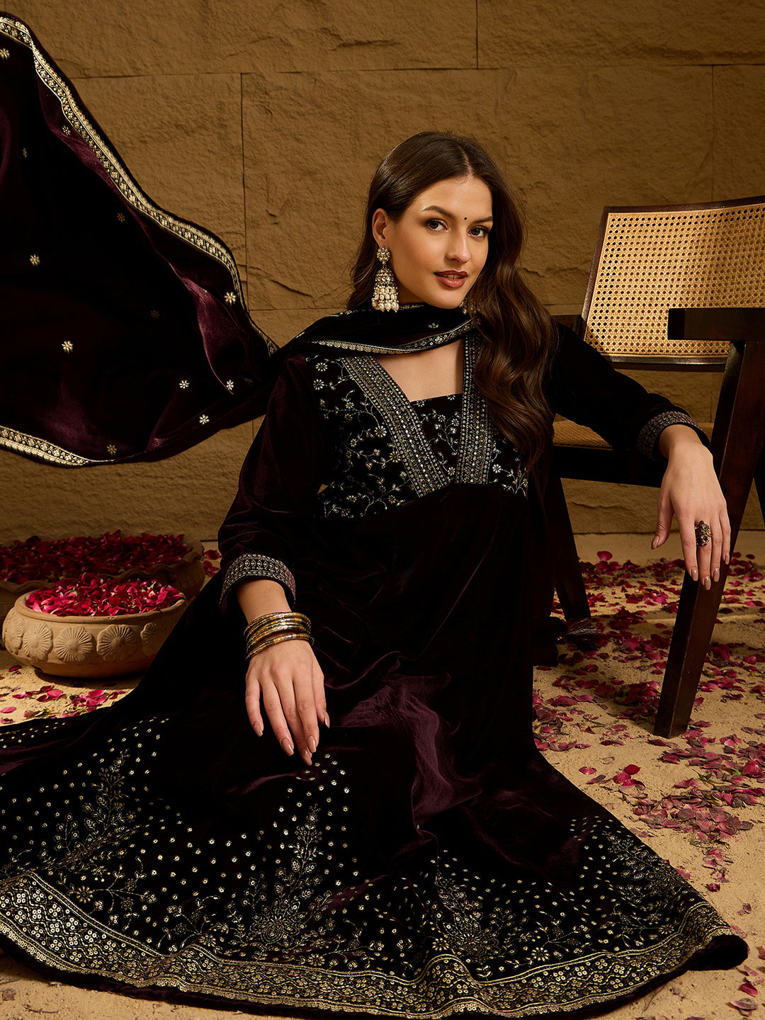ZERESOUQ-Purple-Velvet-Floral-Printed-3-Piece-Anarkali-Set