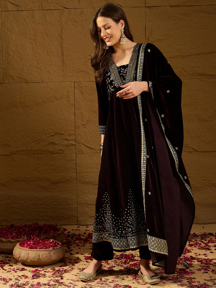 ZERESOUQ-Purple-Velvet-Floral-Printed-3-Piece-Anarkali-Set