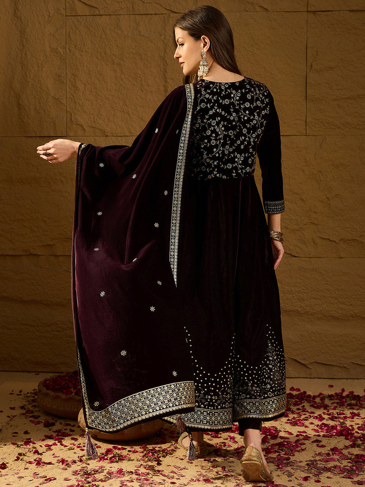 ZERESOUQ-Purple-Velvet-Floral-Printed-3-Piece-Anarkali-Set