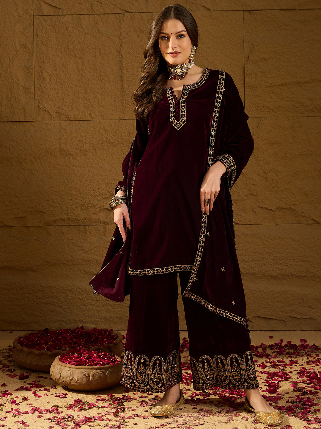 ZERESOUQ-Purple-Velvet-Solid-Embroidered-Straight-Kurta-Palazzos-With-Dupatta