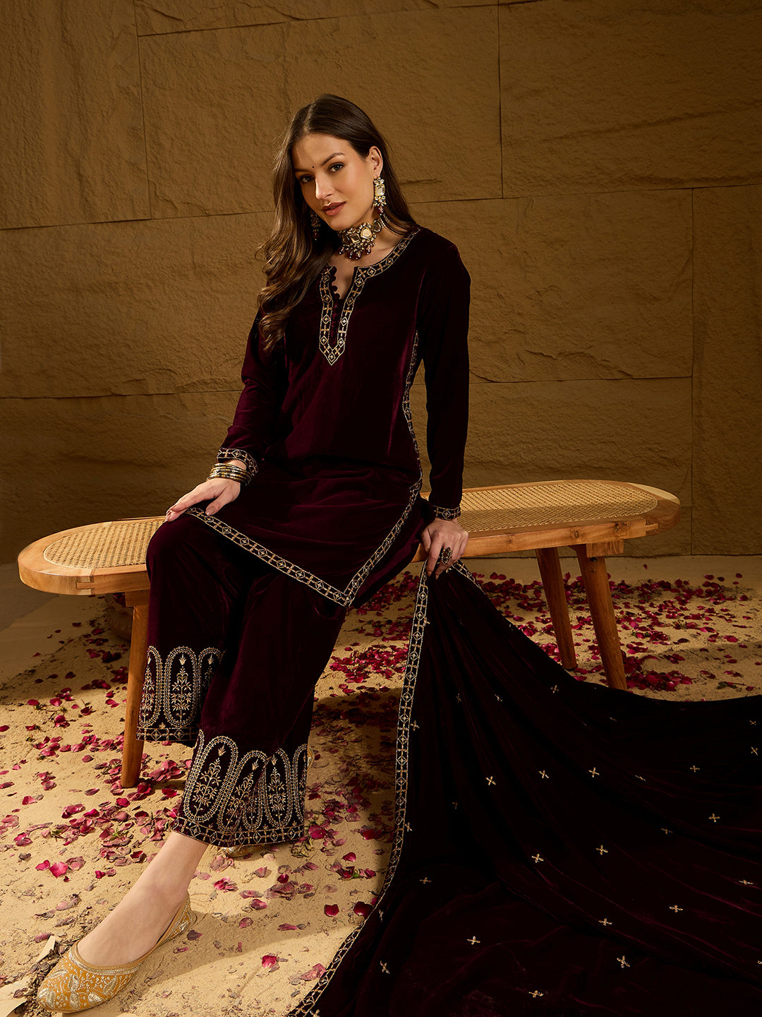 ZERESOUQ-Purple-Velvet-Solid-Embroidered-Straight-Kurta-Palazzos-With-Dupatta