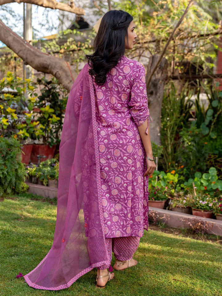 ZERESOUQ-Purple-Viscose-Rayon-Floral-Print-Straight-3-Piece-Kurta-Sets