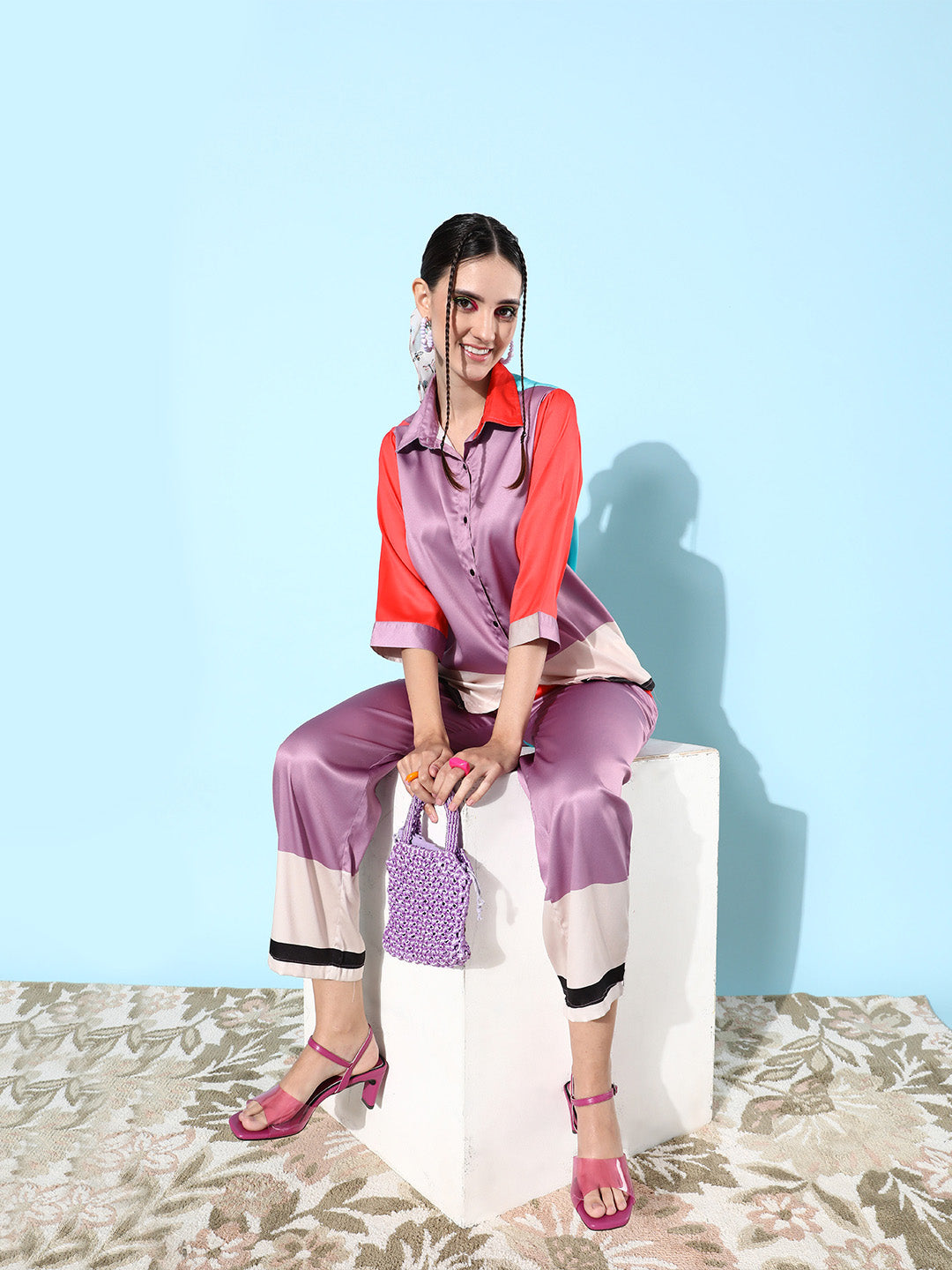 Purple-&-Multicolor-Satin-Shirt-And-Trousers-Co-Ord-Set