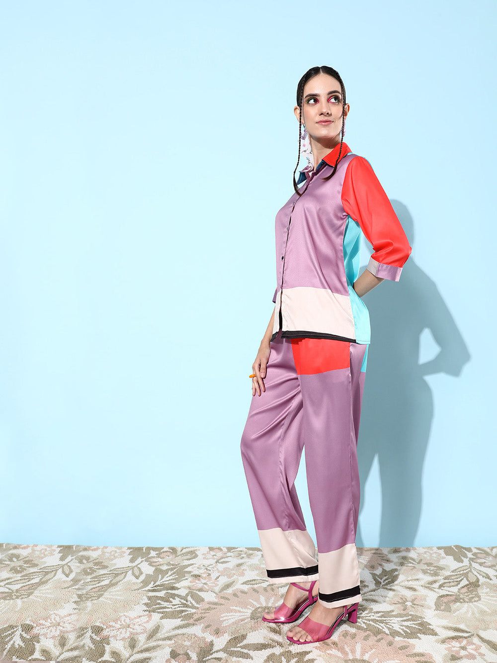 Purple-&-Multicolor-Satin-Shirt-And-Trousers-Co-Ord-Set