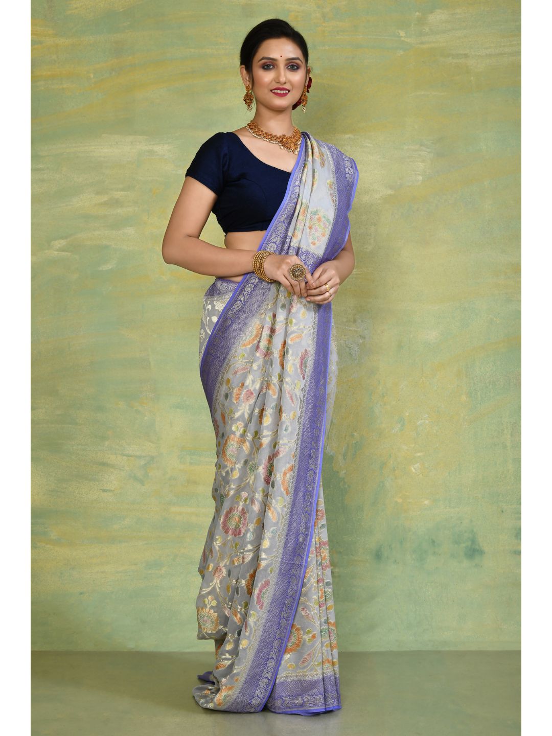 Purple & Off-White Georgette Banarasi Saree