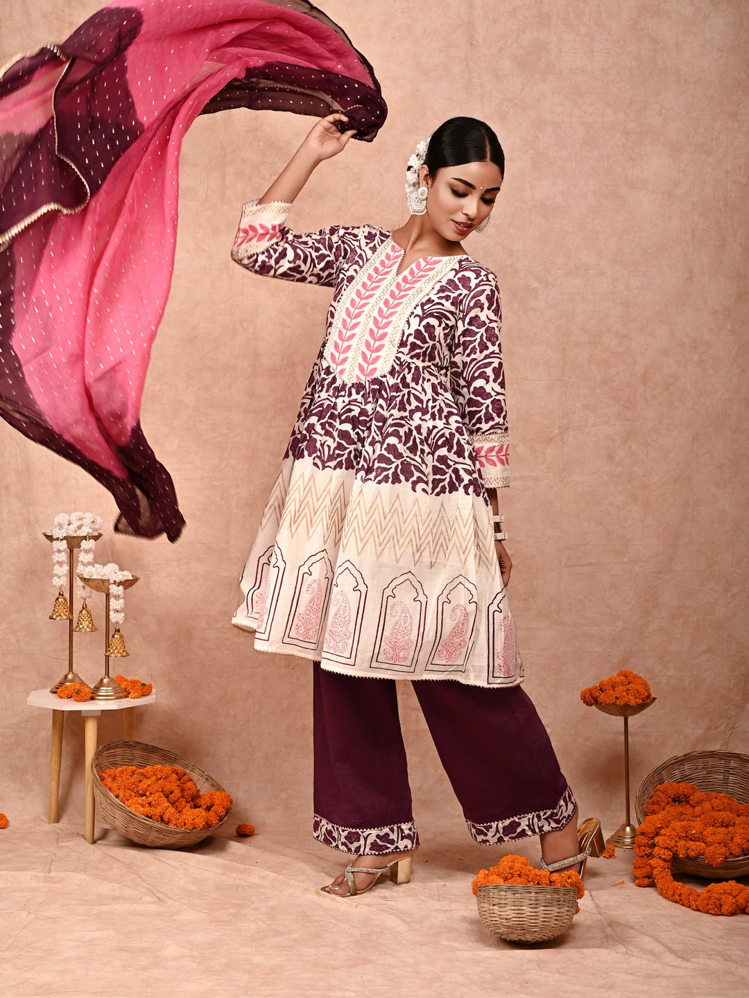 ZERESOUQ-Purple-&-Off-White-Nur-Chanderi-Silk-Kurta-Set-With-Dupatta-(Set-Of-3)