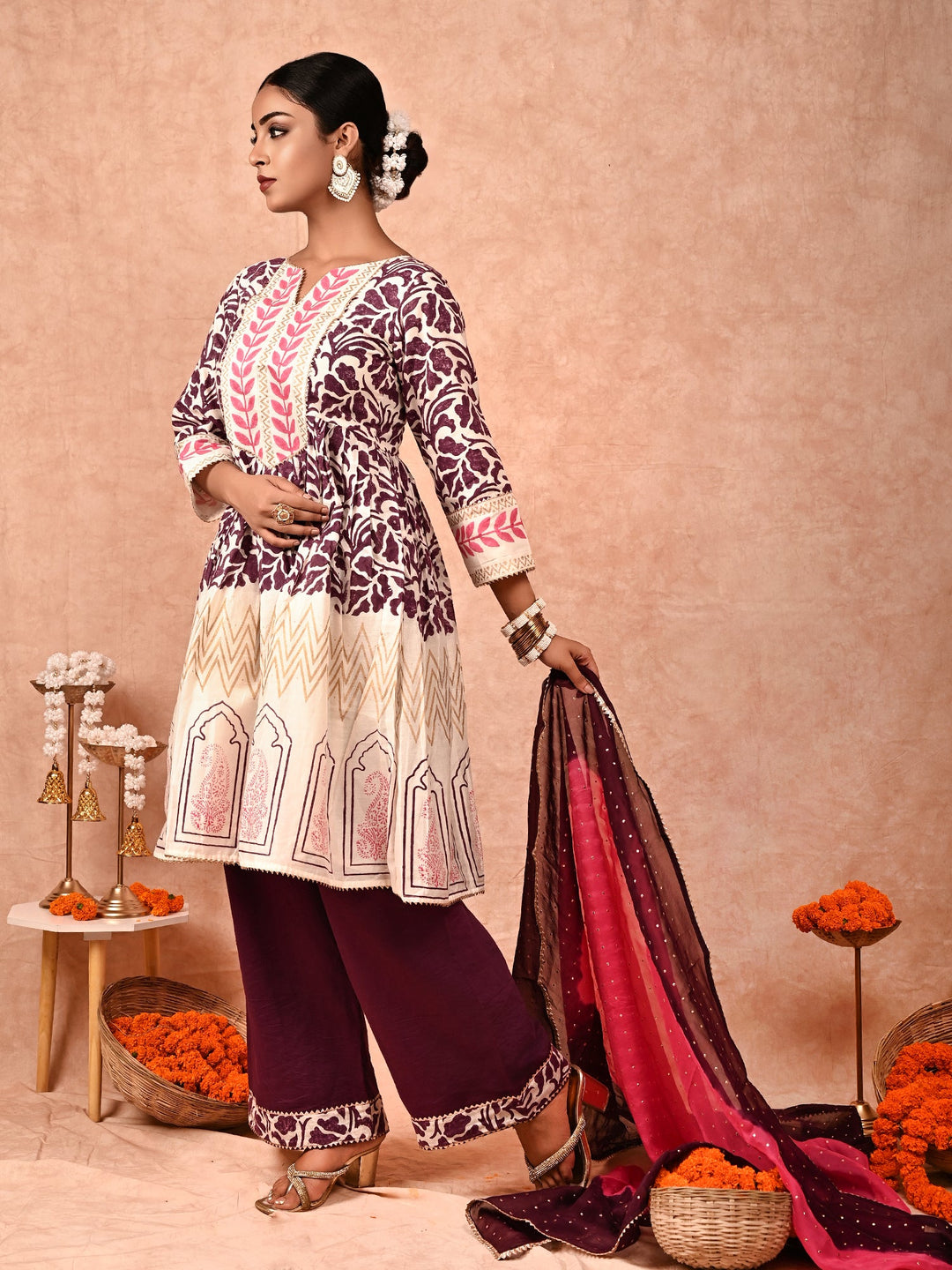 ZERESOUQ-Purple-&-Off-White-Nur-Chanderi-Silk-Kurta-Set-With-Dupatta-(Set-Of-3)