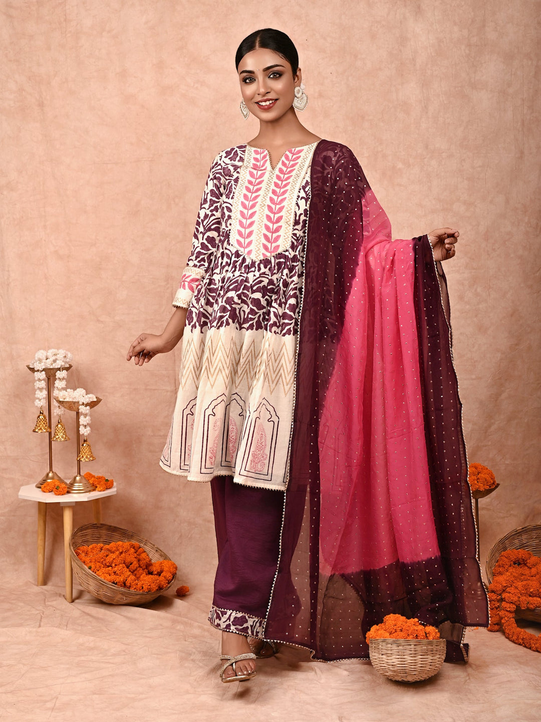 ZERESOUQ-Purple-&-Off-White-Nur-Chanderi-Silk-Kurta-Set-With-Dupatta-(Set-Of-3)