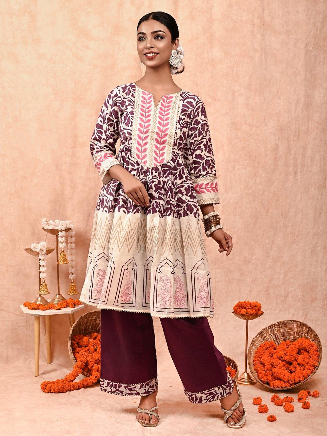 ZERESOUQ-Purple-&-Off-White-Nur-Chanderi-Silk-Kurta-Set-(Set-of-2)