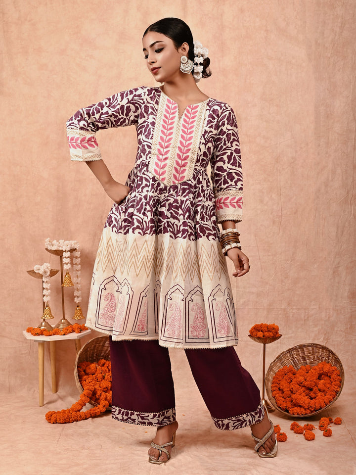 ZERESOUQ-Purple-&-Off-White-Nur-Chanderi-Silk-Kurta-Set-(Set-of-2)