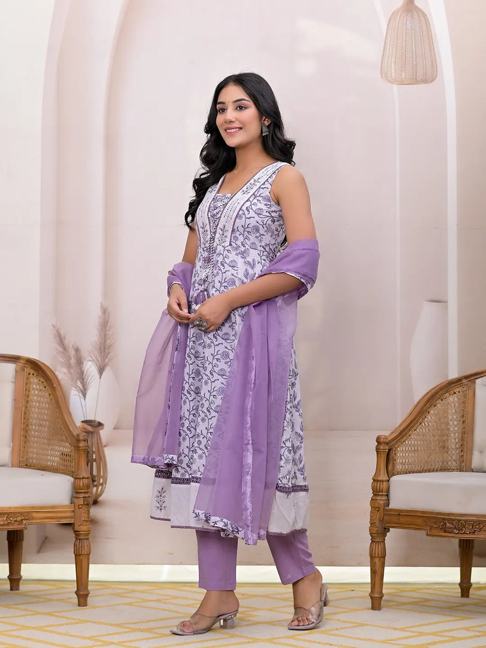 Purple-&-White-Cotton-Embroidered-Anarkali-Set