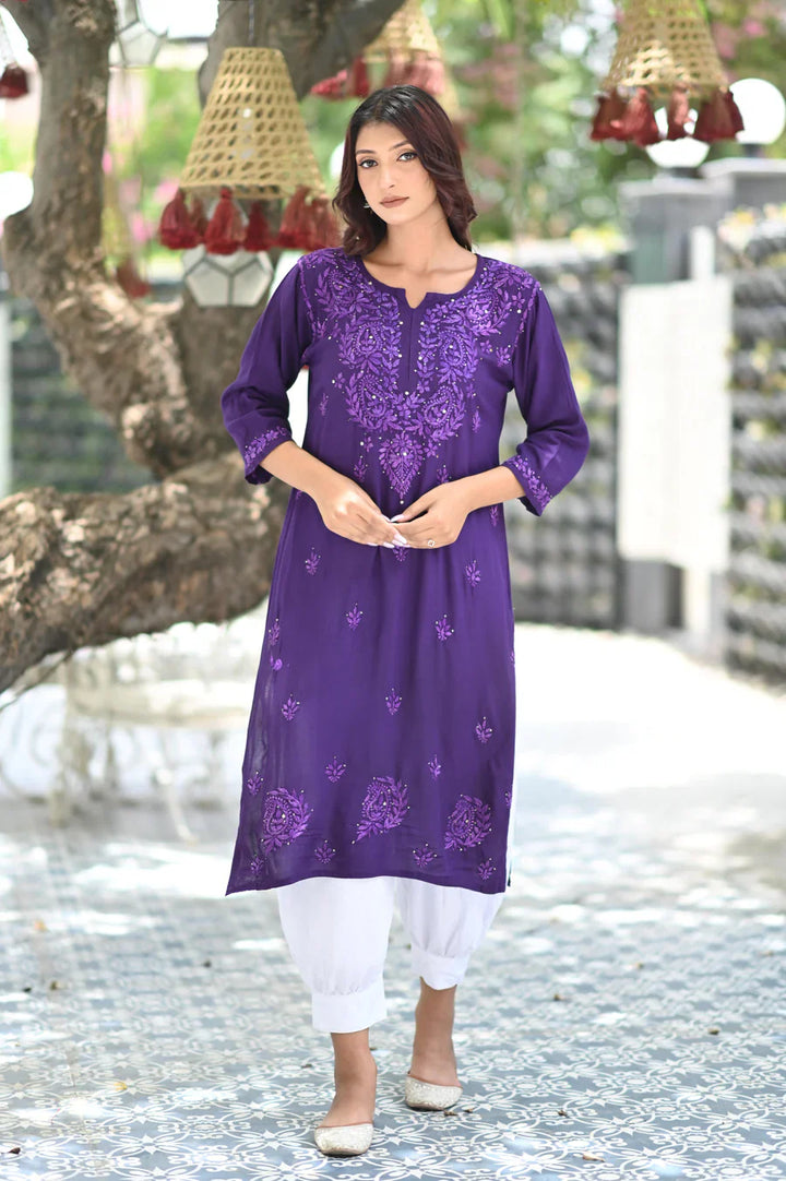 Purple Bloom Rayon Chikankari Mukaish Kurta