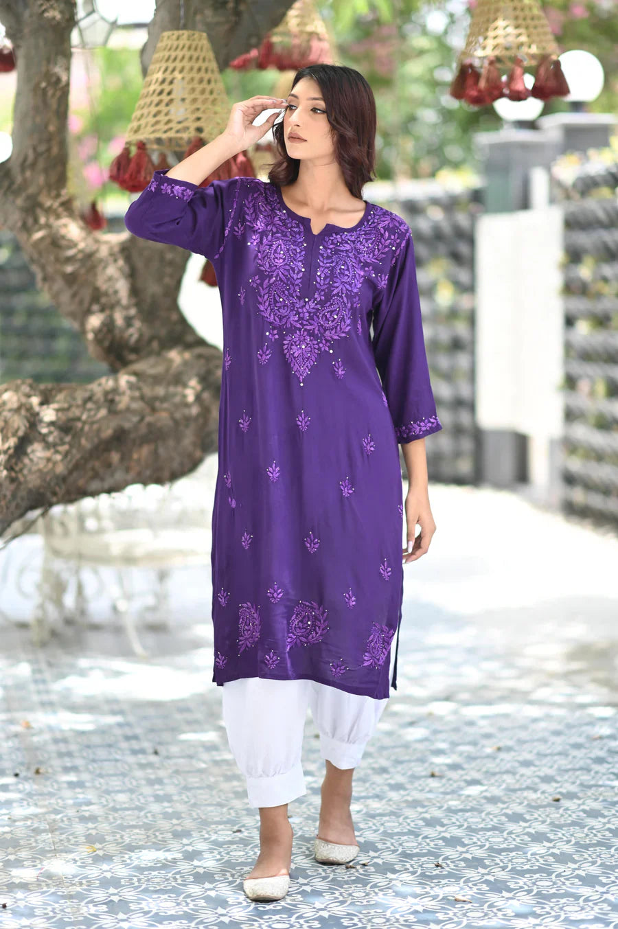 Purple Bloom Rayon Chikankari Mukaish Kurta