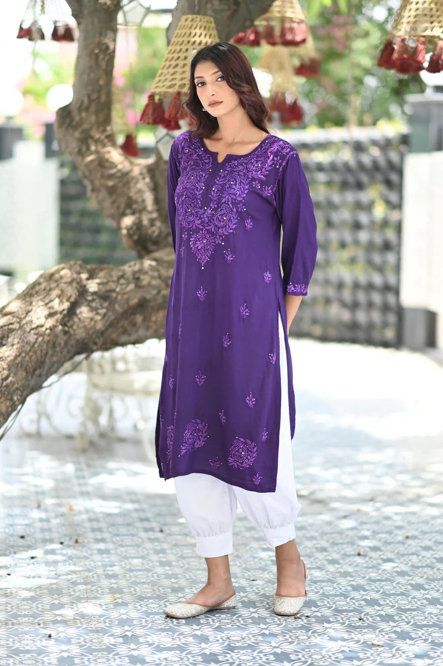Purple Bloom Rayon Chikankari Mukaish Kurta