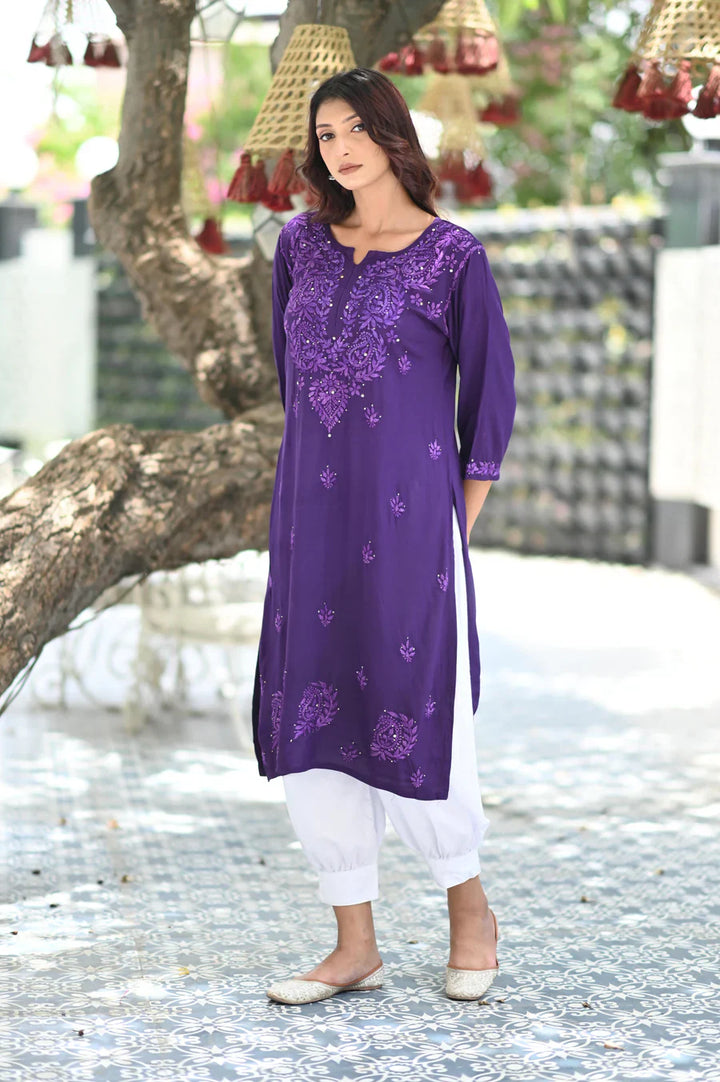 Purple Bloom Rayon Chikankari Mukaish Kurta