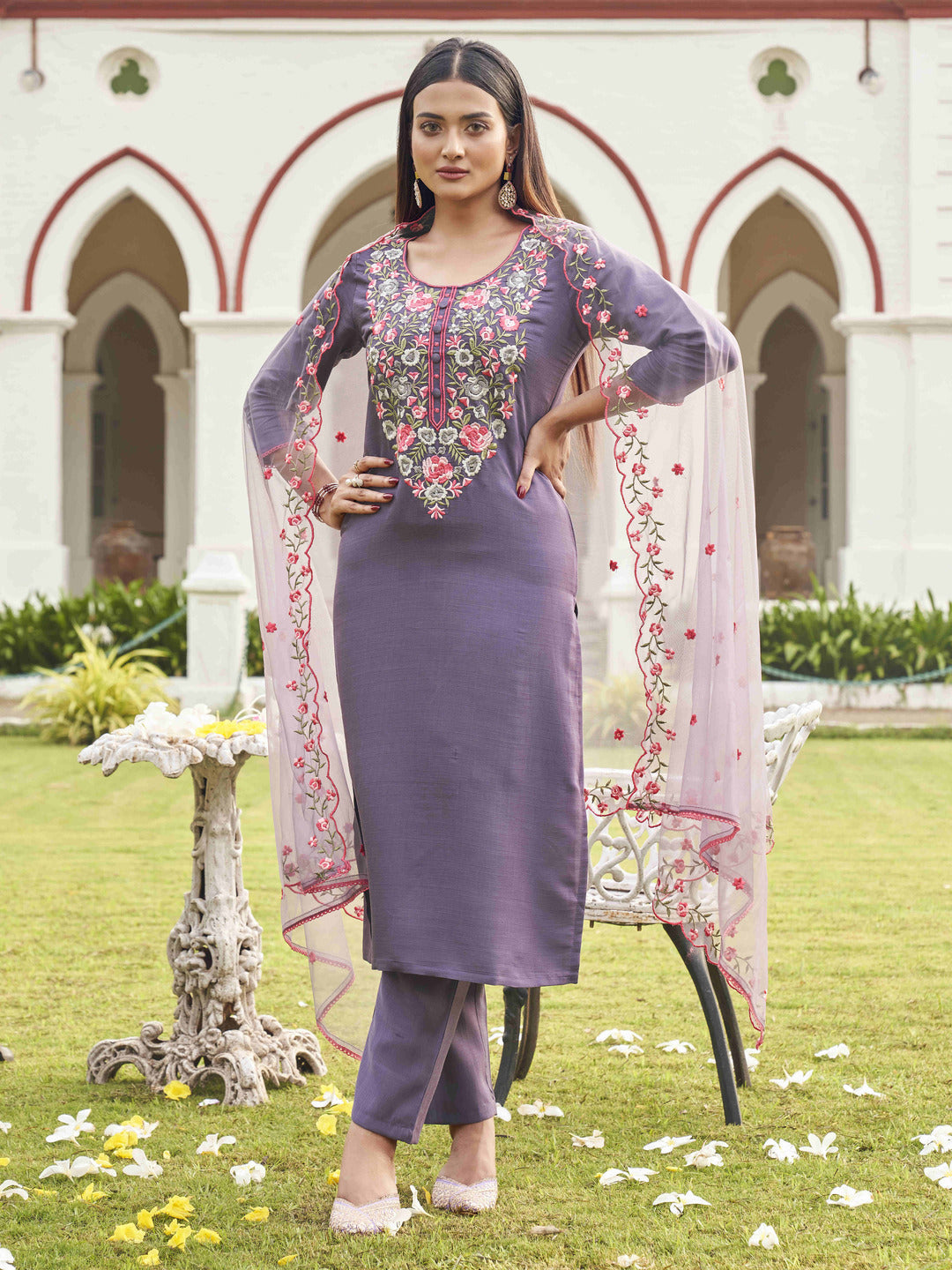 Purple-Chanderi-Floral-Embroiderywork-Kurta-Set