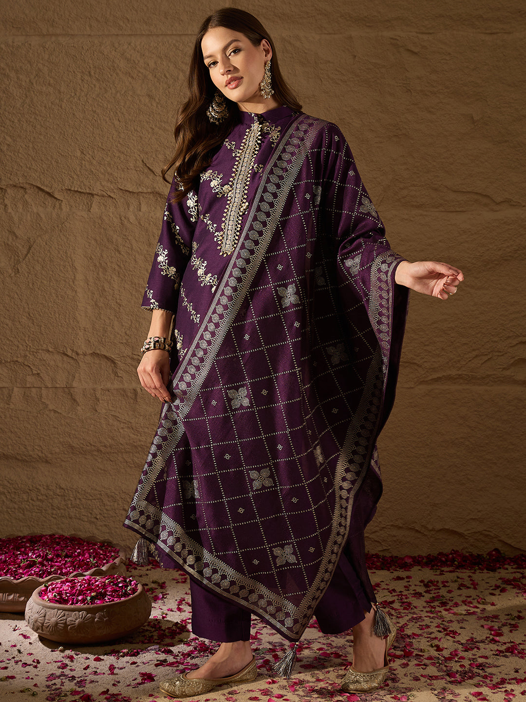 Purple-Silk-Blend-Floral-Foil-Printed-3-Piece-Kurta-Set