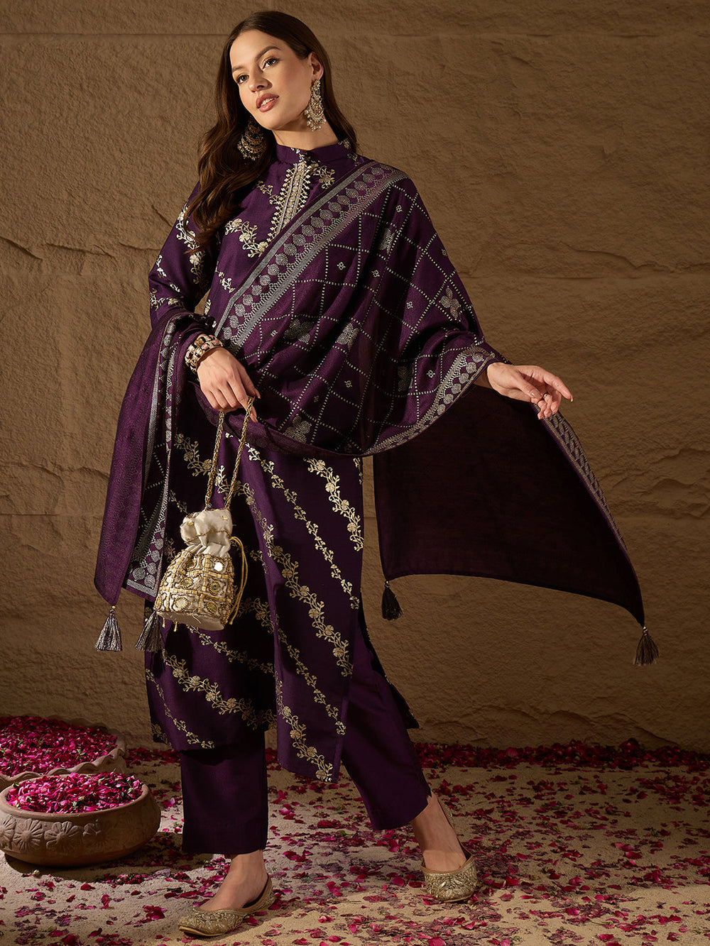 Purple-Silk-Blend-Floral-Foil-Printed-3-Piece-Kurta-Set
