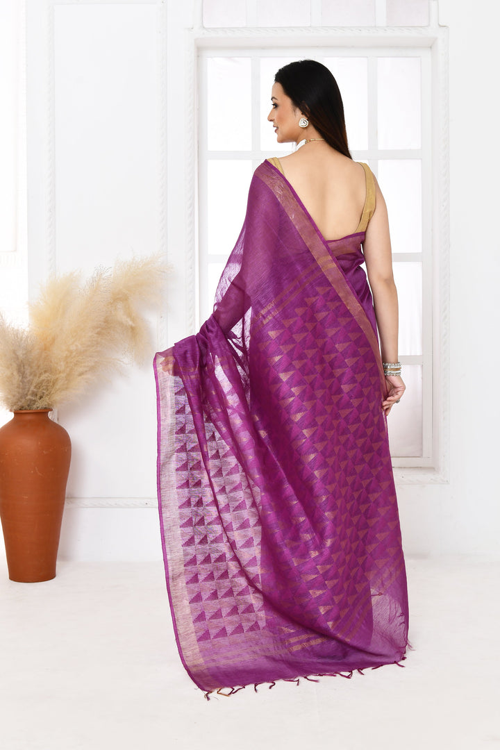 Purple-Tussar-Linen-Handloom-Saree-With-Woven-Zari-Pallu