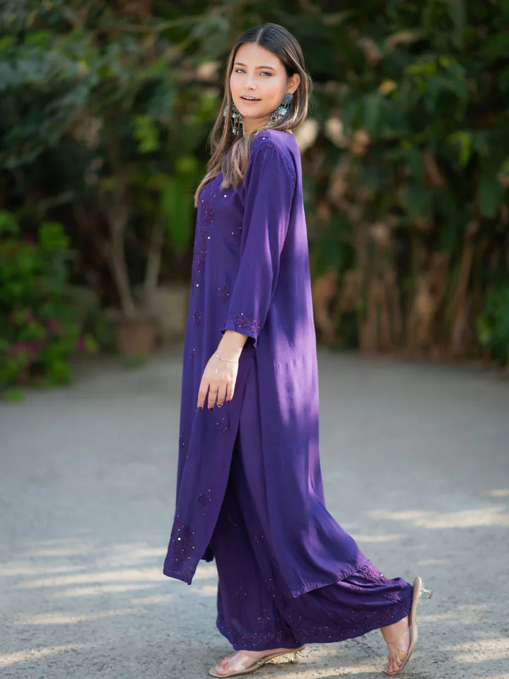 Purple-Viscose-Blossom-Mukaish-2-Piece-Kurta-Set