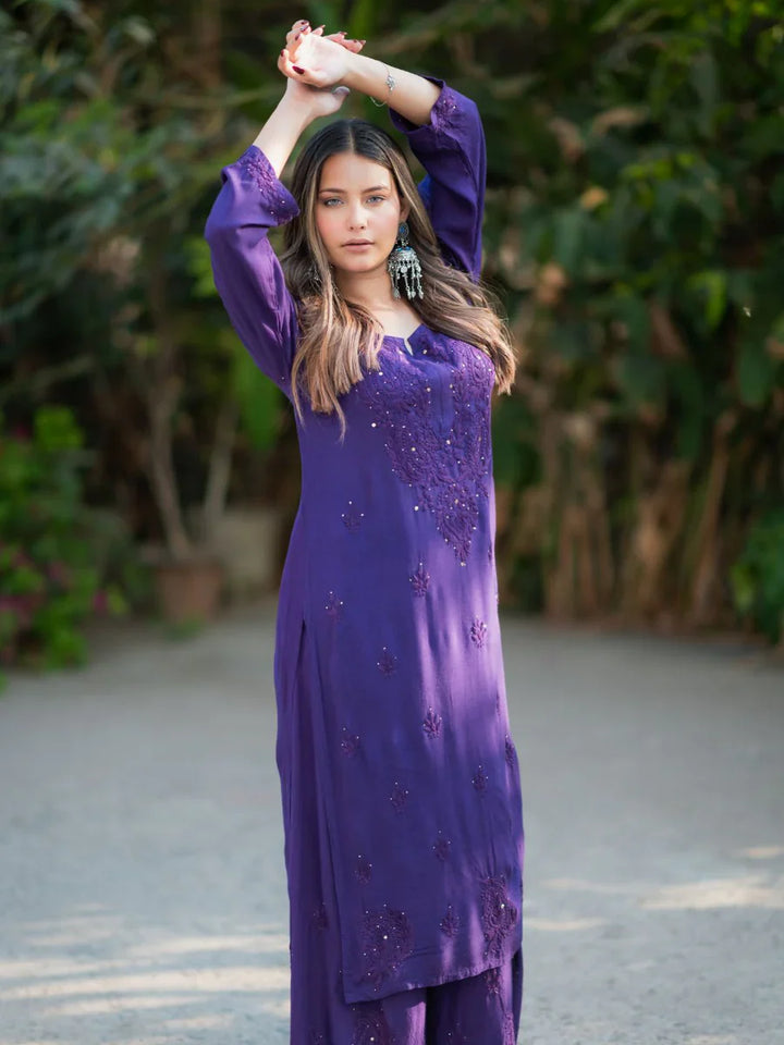 Purple-Viscose-Blossom-Mukaish-2-Piece-Kurta-Set