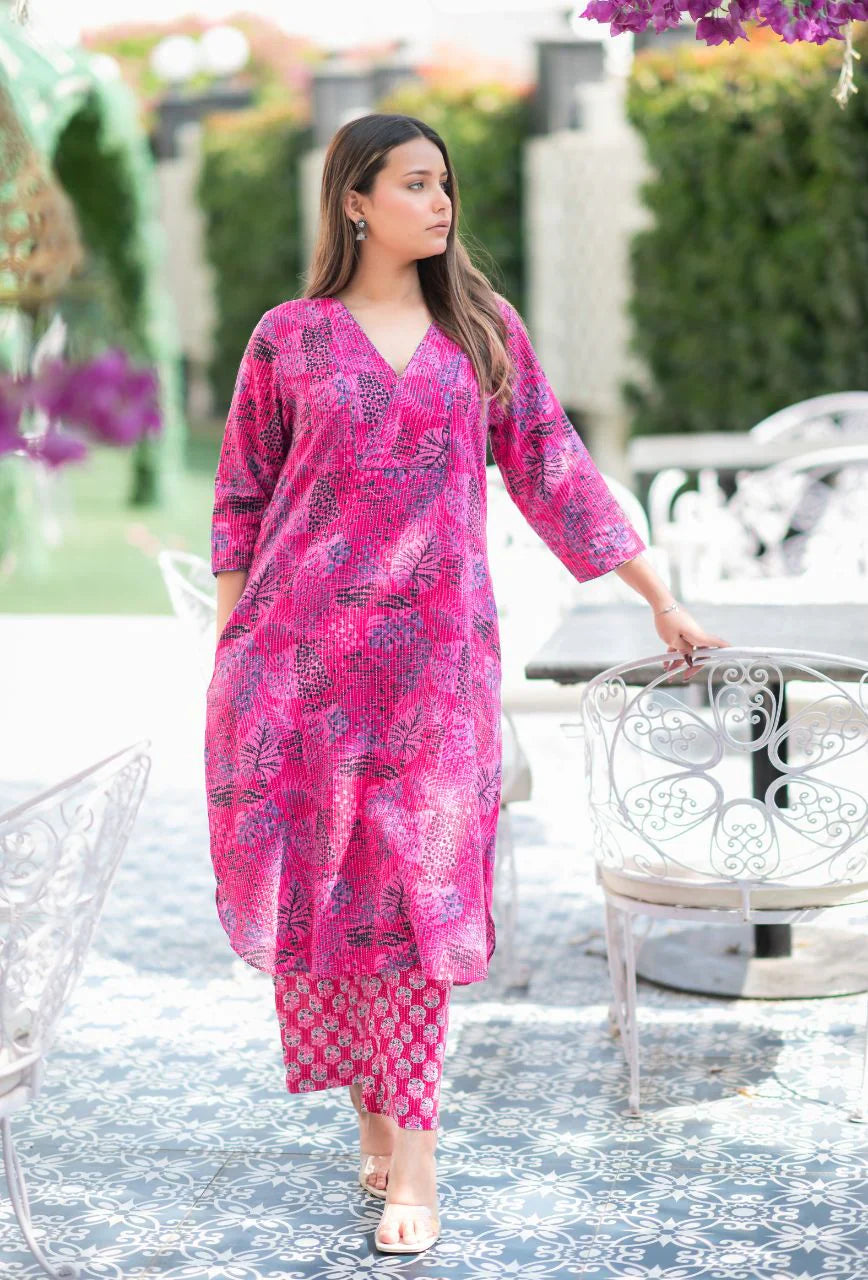 Pink-Kantha-Cotton-In-Apple-Cut-Kurta-&-Pant-Set