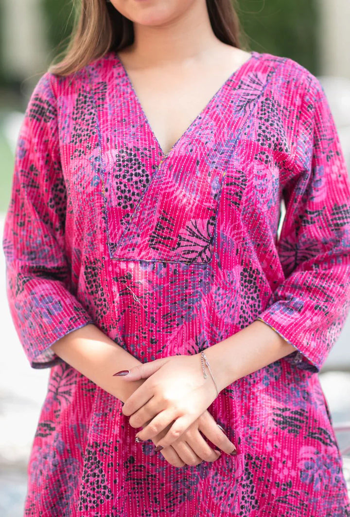 Pink-Kantha-Cotton-In-Apple-Cut-Kurta-&-Pant-Set