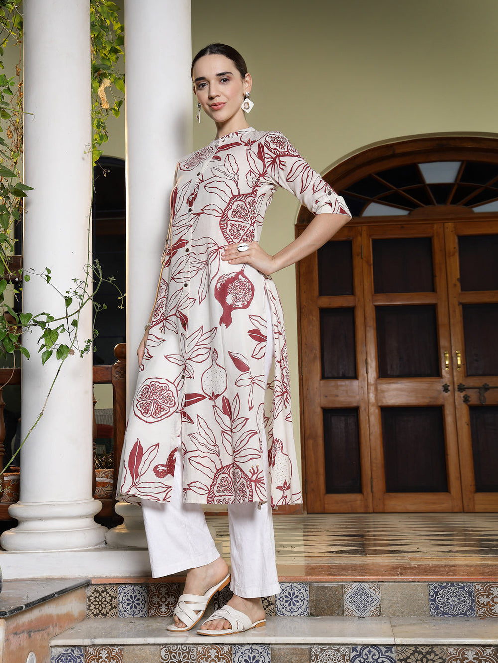 Creme-&-Red-Rayon-Botanical-Printed-A-Line-Kurta