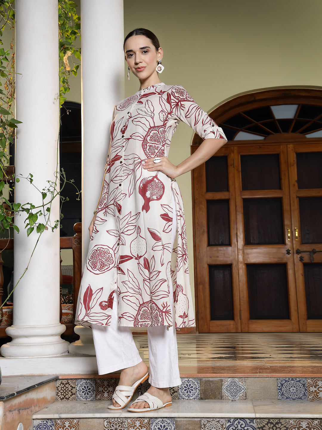 Creme-&-Red-Rayon-Botanical-Printed-A-Line-Kurta