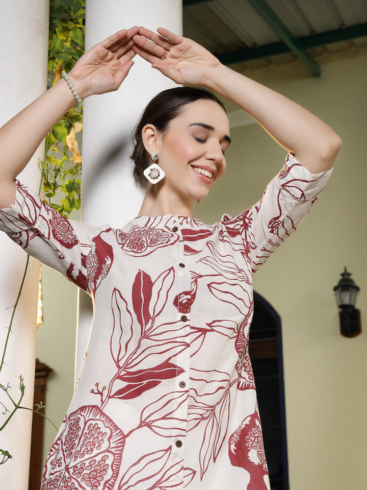 Creme-&-Red-Rayon-Botanical-Printed-A-Line-Kurta