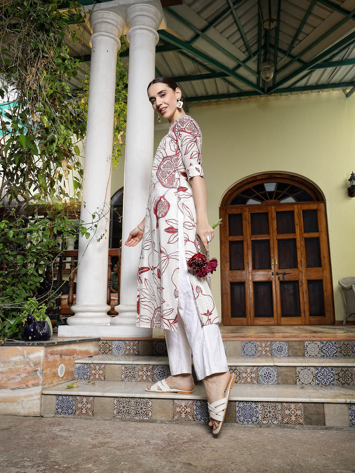 Creme-&-Red-Rayon-Botanical-Printed-A-Line-Kurta