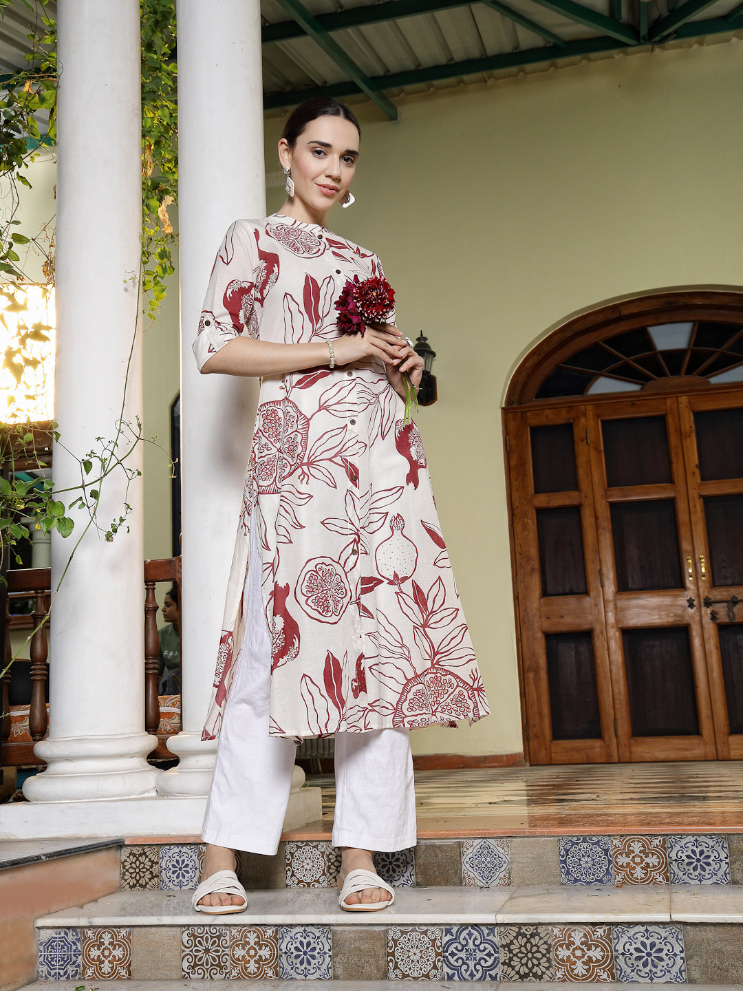 Creme-&-Red-Rayon-Botanical-Printed-A-Line-Kurta