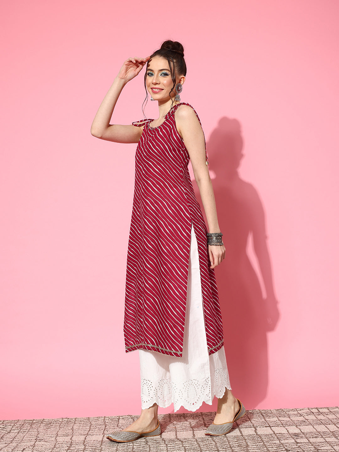 Red-Lehariya-Cotton-Printed-Sleeveless-Kurta-Only
