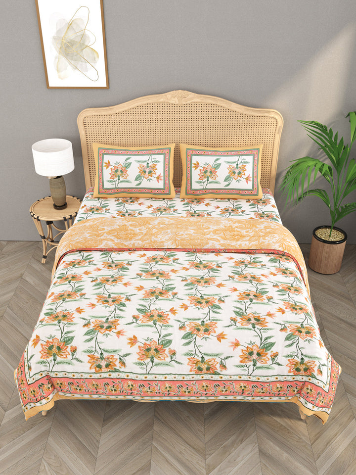 Orange-&-White-Cotton-600-Tc-Floral-Printed-Bedding-Set