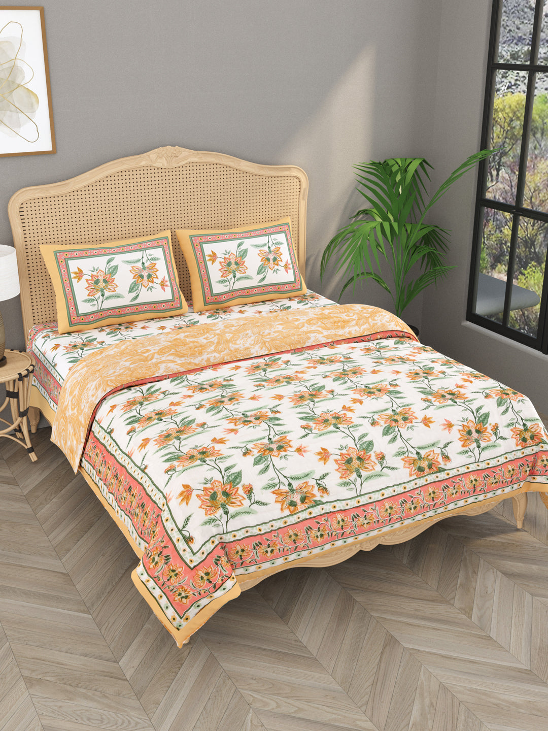 Orange-&-White-Cotton-600-Tc-Floral-Printed-Bedding-Set