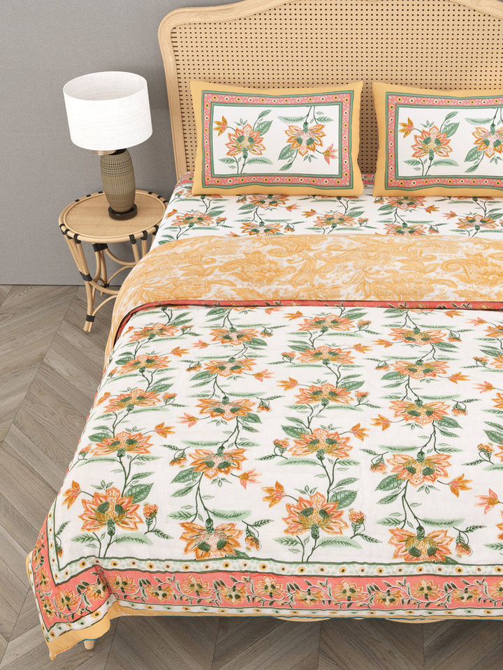 Orange-&-White-Cotton-600-Tc-Floral-Printed-Bedding-Set