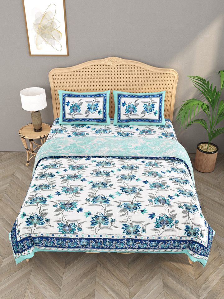 White-&-Blue-Cotton-600-Tc-Floral-Printed-Bedding-Set