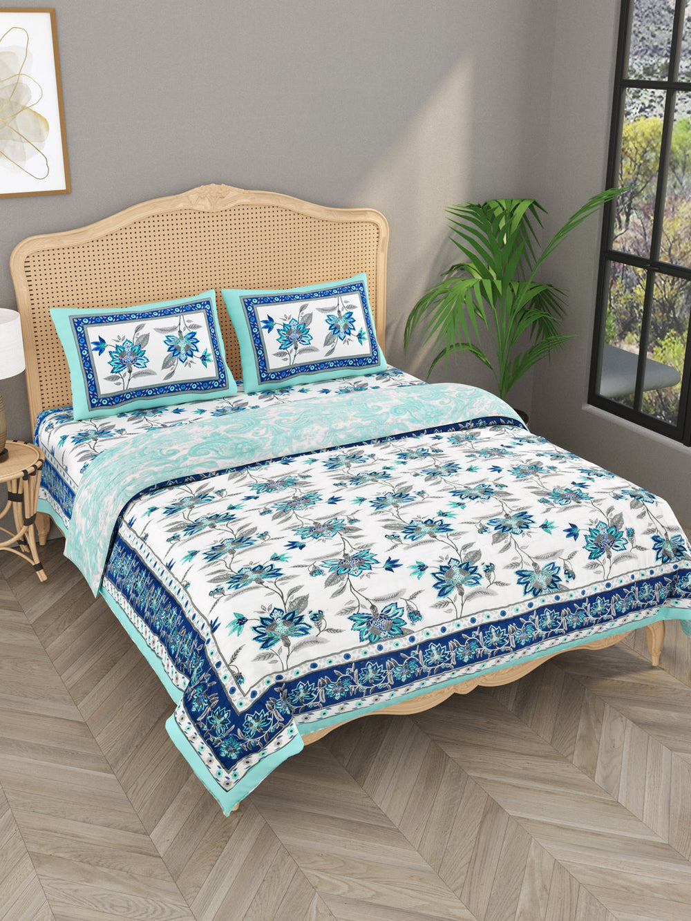White-&-Blue-Cotton-600-Tc-Floral-Printed-Bedding-Set