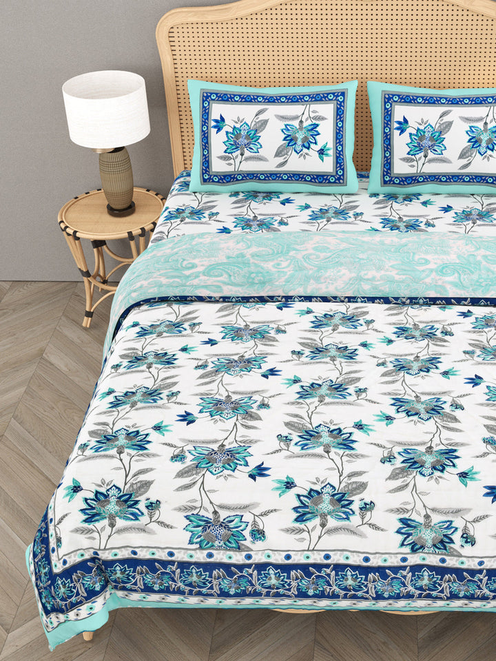 White-&-Blue-Cotton-600-Tc-Floral-Printed-Bedding-Set